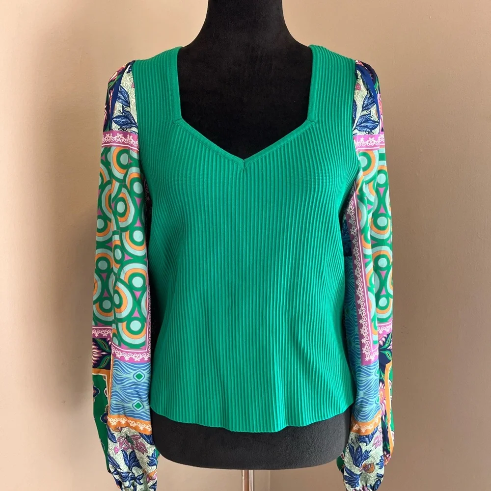 Bailey 44 Green Ribbed Knit Boho Satin Ballon Sleeves Top sz XL - Picture 9 of 12